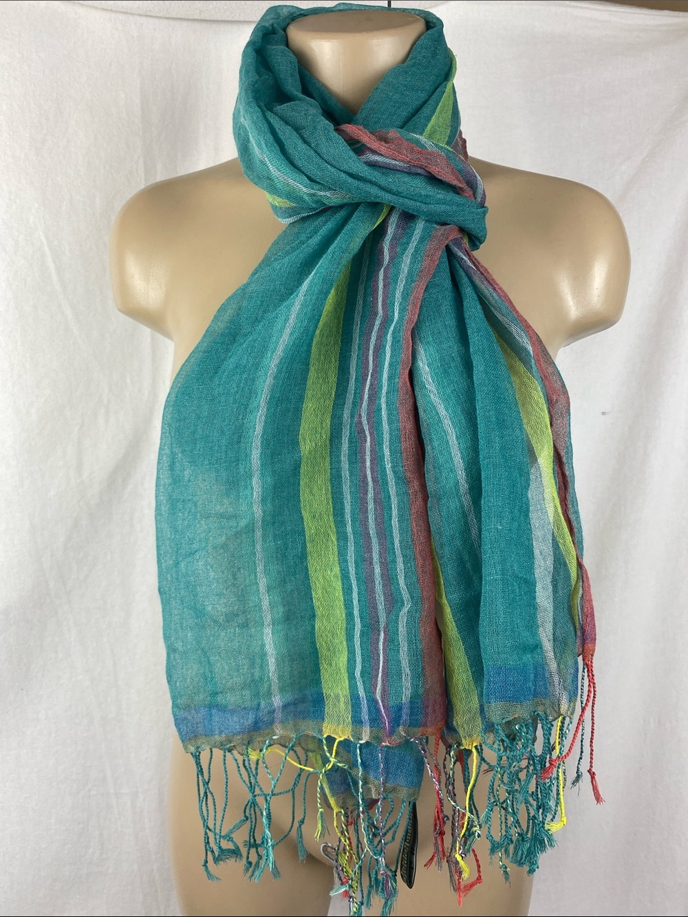 Eddie Bauer Green Multi Color Stripe Fringe Edge Rectangular Scarve